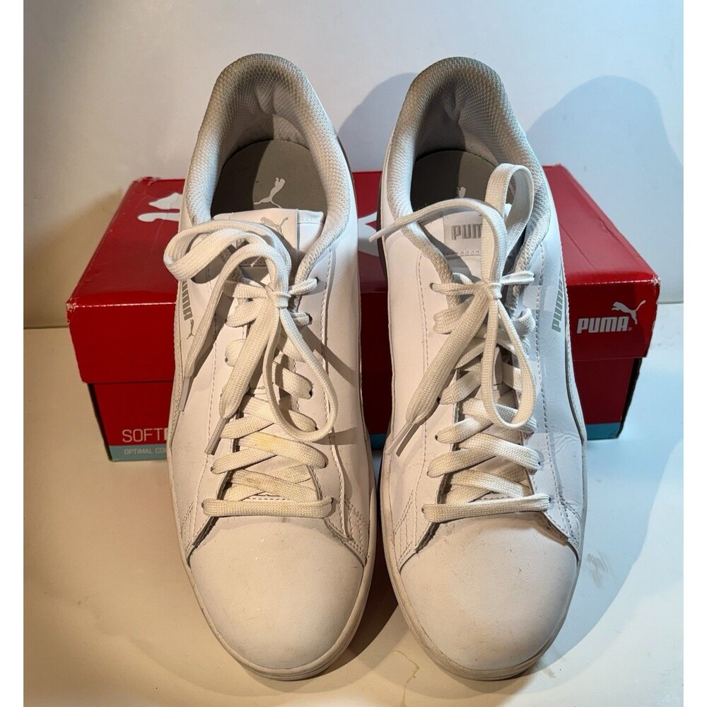 Puma Smash V2 L Mens 365215-07 White Leather SoftFoam Court Sneaker 10 Ex. Used